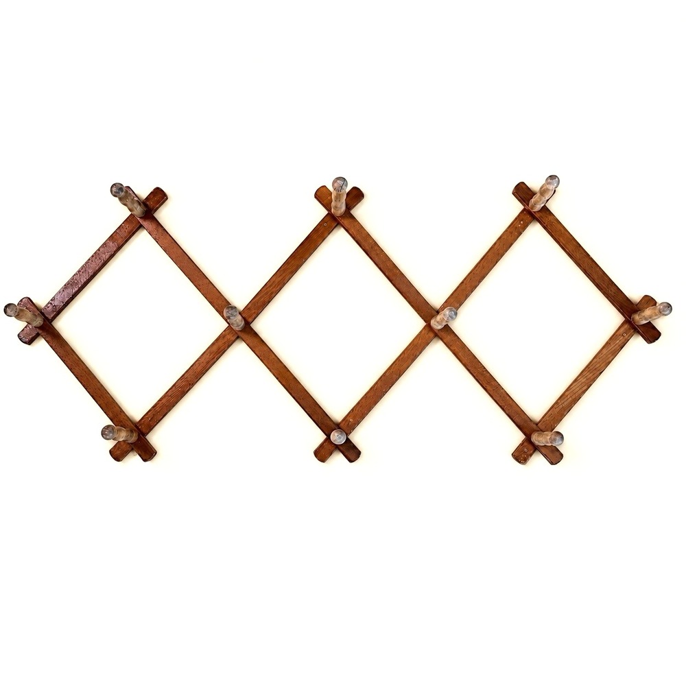 Vintage Wood Accordion Peg Rack 10 Peg Expandable Coat Hat Mug Wall Hanger